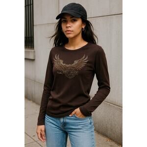 Harley-Davidson Long Sleeve Rhinestone Eagle Top Brown (L) Bob Dron Oakland, CA